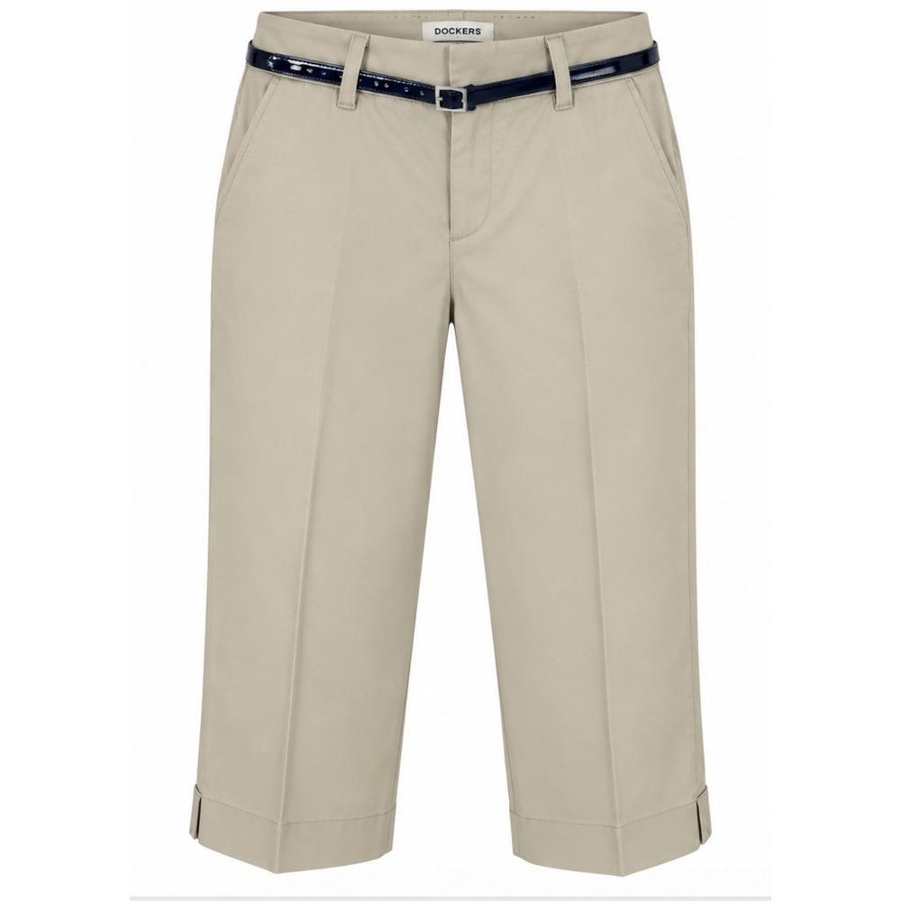 Dockers Mid Rise Curvy Capri Pants Women 8 Khaki Belted Split Hem